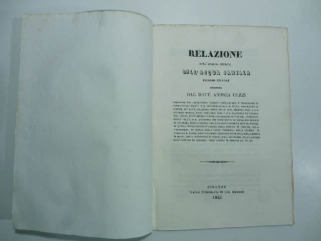 Relazione dell'analisi chimica dell'acqua Janella presso Empoli eseguita dal dott. Andrea Cozzi